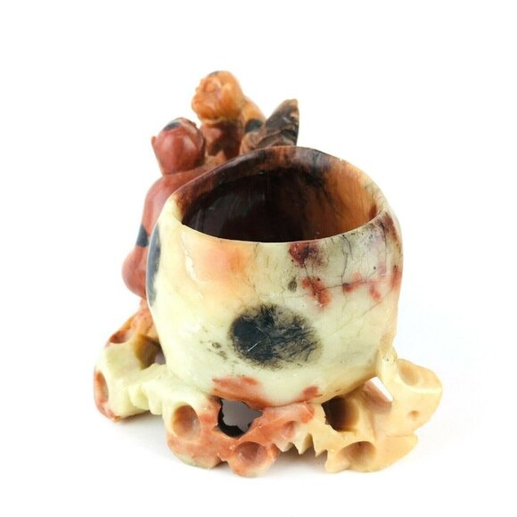 Vintage Detailed Hand Carved Soapstone Figurine Two Monkey's Bowl/Vase - Picture 3 of 11